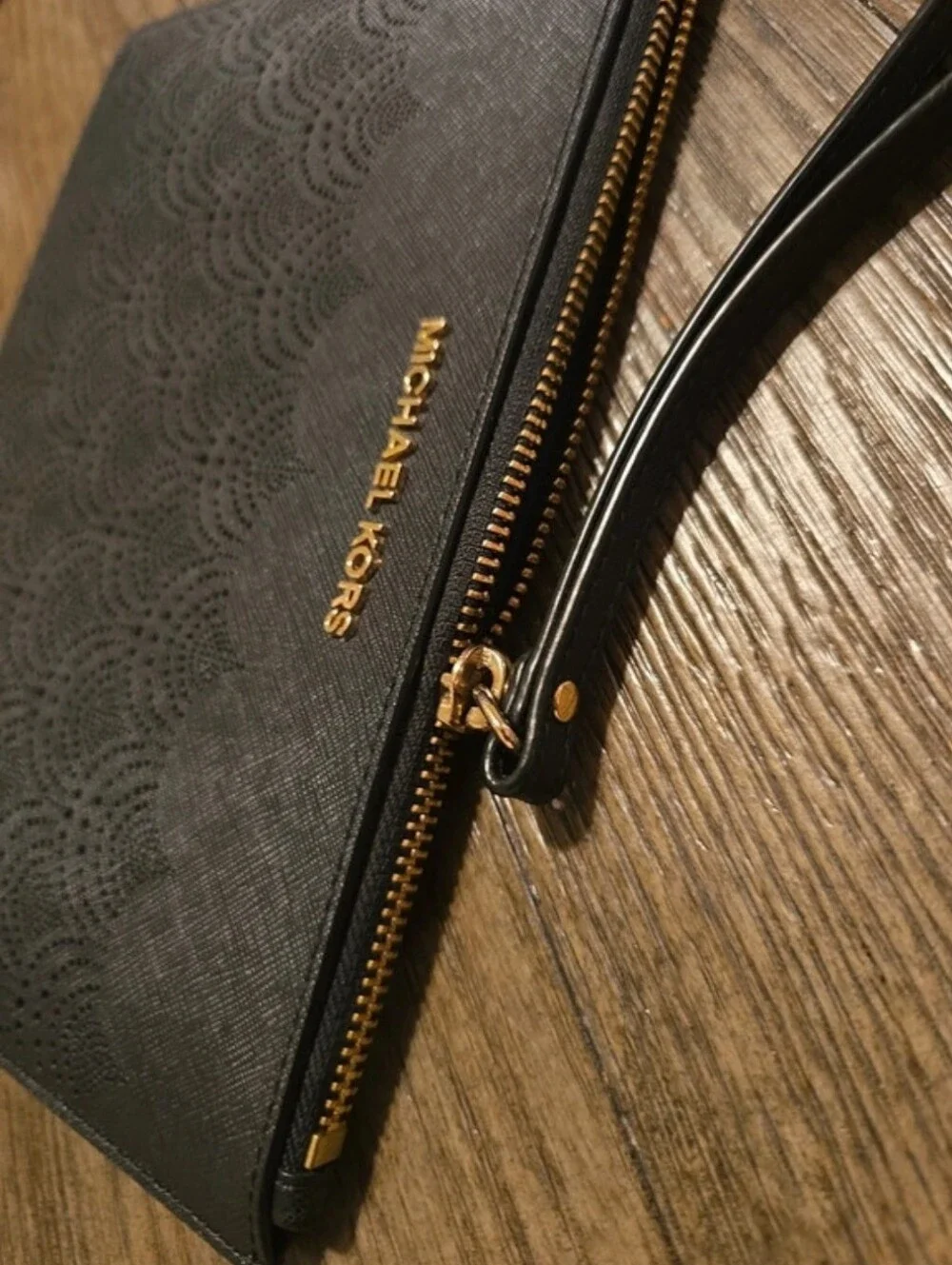 Michael Kors Black Wristlet Clutch with Gold Logo